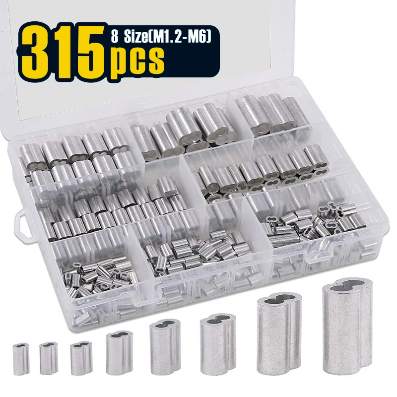

315 шт., 8 размеров (M1,2-M6), алюминиевая обжимная петля, двухстворчатый наконечник для троса и конец кабельной линии, набор в ассортименте