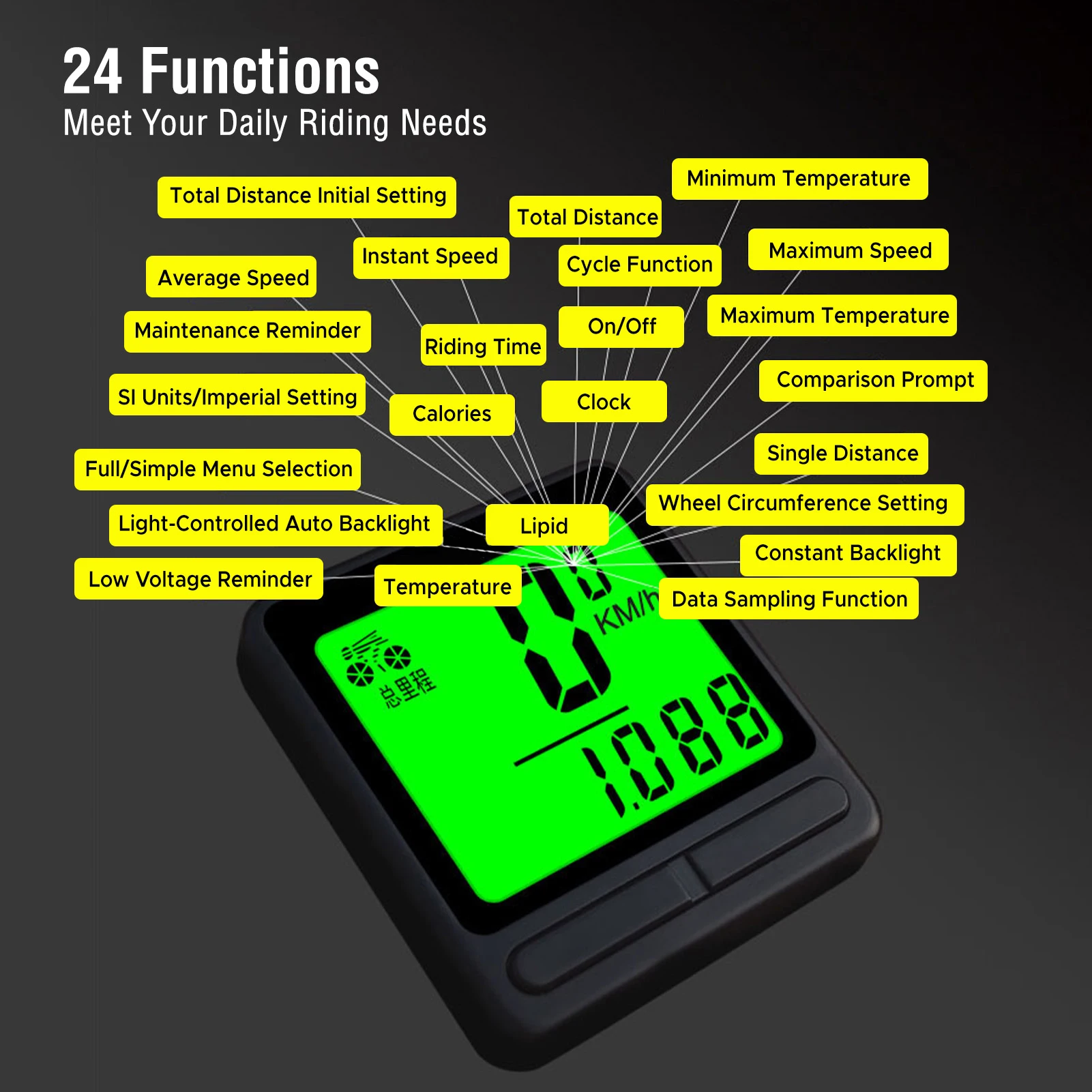 Bicycle Speedometer Rainproof 24 Function Bike Computer with Auto Sleep Wake Up Backlight for Mountain Road Cycling