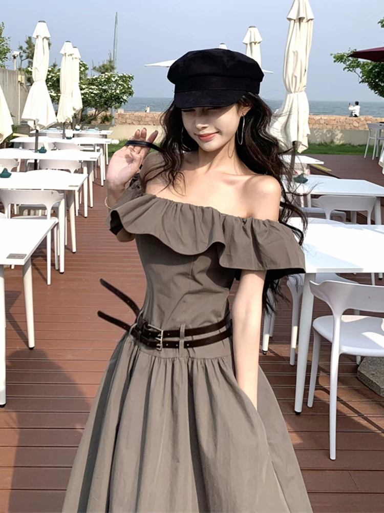 

Винтажное элегантное длинное платье для женщин с рюшами, вырезом-лодочкой, поясом, однотонное, простое, с открытыми плечами, летнее, для офиса