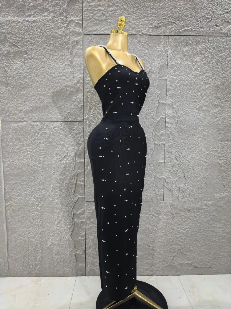 Robe longue à bandes pour femmes, couleur noire, sans manches, bretelles Sexy, col carré, moulante, élégante, tenue de soirée, de célébration d'anniversaire