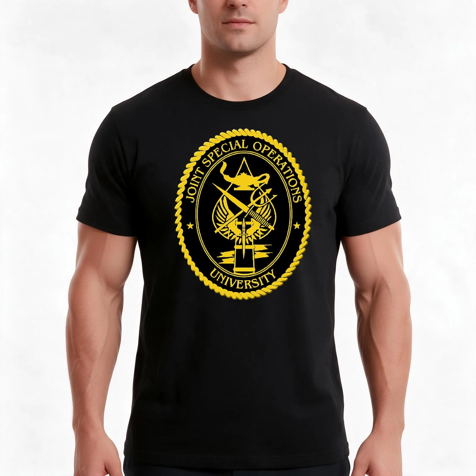 Joint Special Operations University Emblem T-Shirt, Summer Casual Cotton Tee, Oversized Streetwear Tops, Vintage Graphic Print
