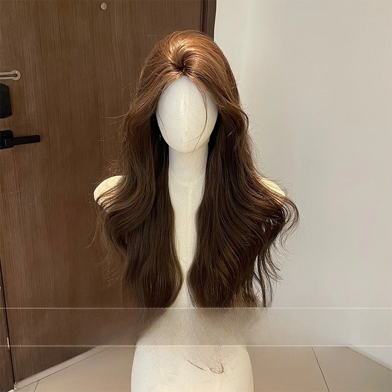 

Wig woman daily new long curly hair eight-character bangs dark tea color natural and realistic full headgear