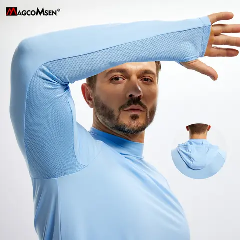 MAGCOMSEN Men's UPF 50+ Sun Shirt Mesh Underarm Thumb Holes Raglan Sleeve Lightweight Long Sleeve Hooded Hiking Fishing Top