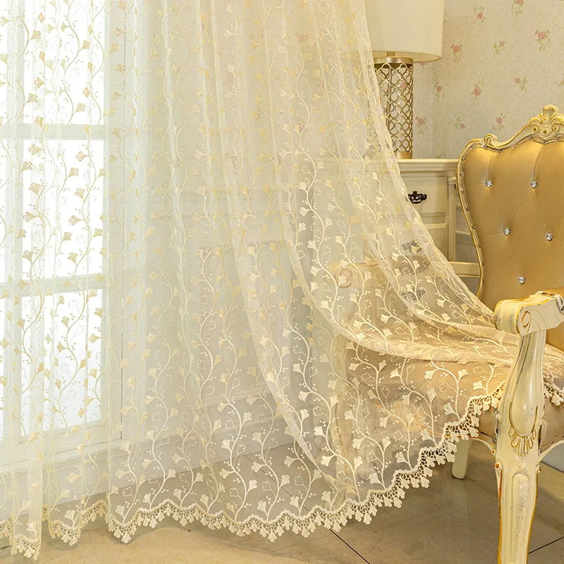 High-end Water-soluble Embroidered Ginkgo Biloba Design Window Screen Tulle Drapes, Luxury Exquisite Bedroom, Living Room Decor