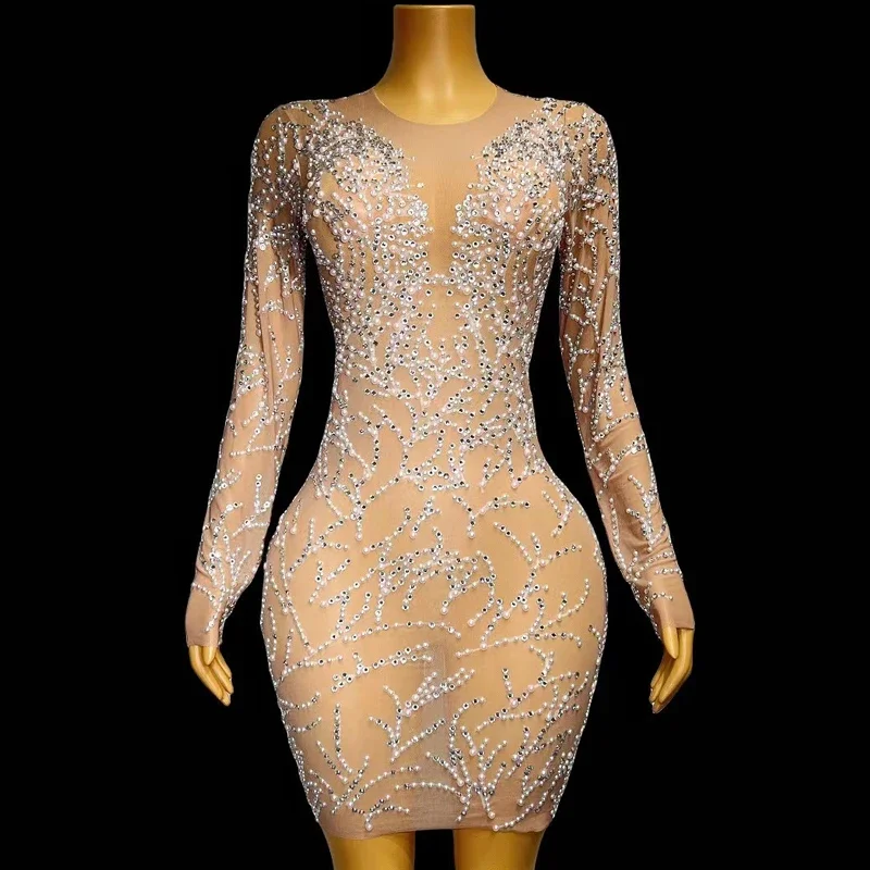 Sexy Perspective Mesh Party Dress Women Pearls Rhinestones Dress Birthday Celebrate Costume Stage Evening Dresses Outfit YY