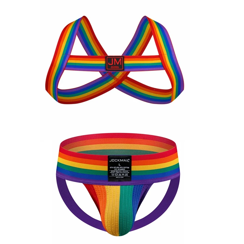 Sexy Mens Harness Underwear Sets Gay Underwear Lingerie Bondage Belts Fetish Mens Jockstrap Thong Rainbow Pattern for LGBTQ