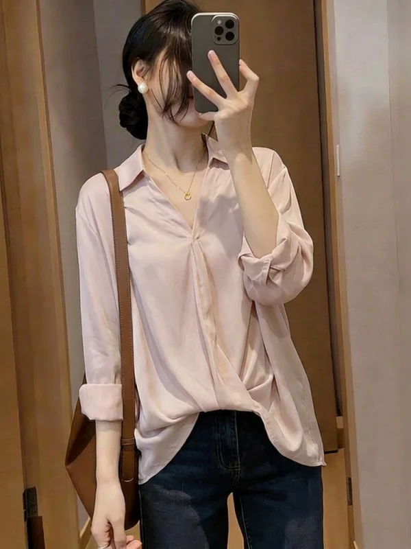 

Elegant Thin Satin Surface Women's Shirt Asymmetric Shoulder Summer New plus Size Korean Style Commute Wind Long Sleeve Butto...