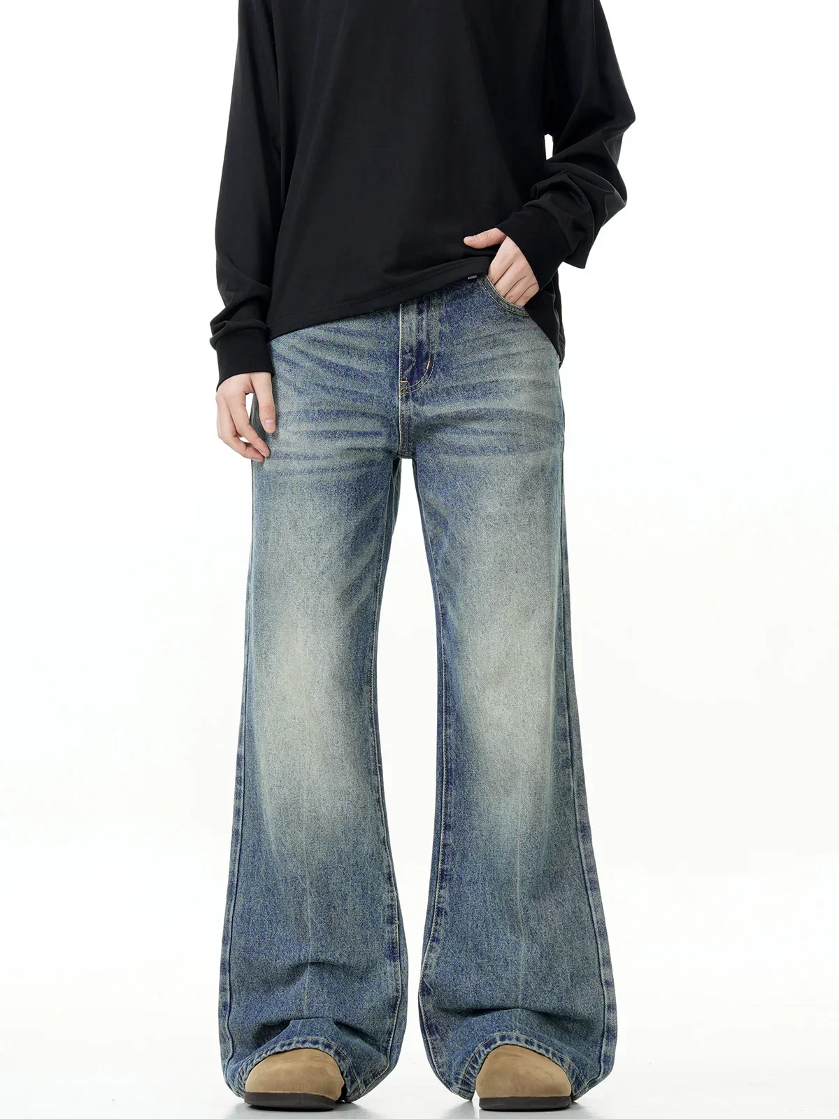 American high street retro micro-pull jeans slim-fitting washed old wide-leg pants