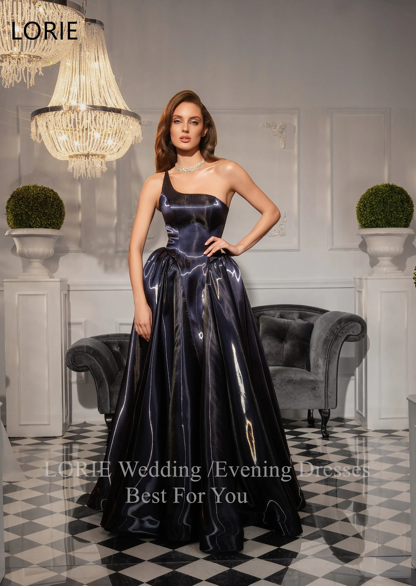 

LORIE Chic Glossy Satin Evening Dress Spaghetti Strap Sleeveless Party Dresses Draped A-line Prom Gowns Customized