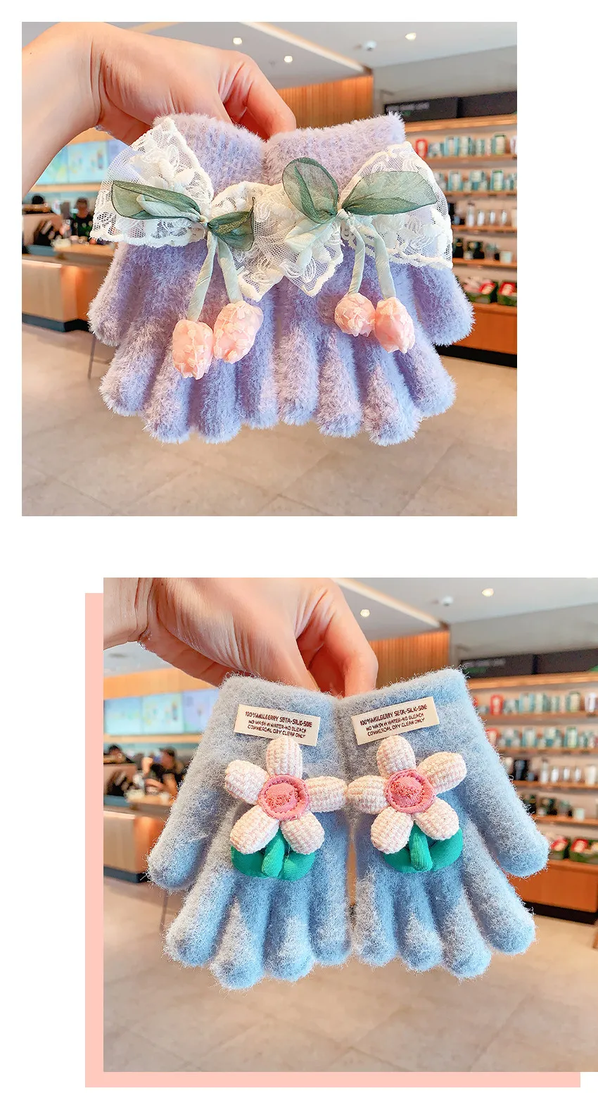Kinder-Plüschhandschuhe mit Spitzenbogen und Vollfinger für Mädchen, mit süßer Blütenknospen-Dekoration, warme, winddichte Winterhandschuhe aus Kunstnerzfell, Kawaii-Handschuhe – Detail 5