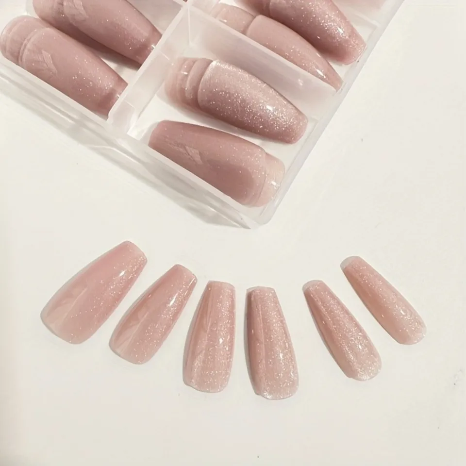 120 uñas postizas nude rosa efecto gato, brillantes, redondas cortas, cobertura completa 3