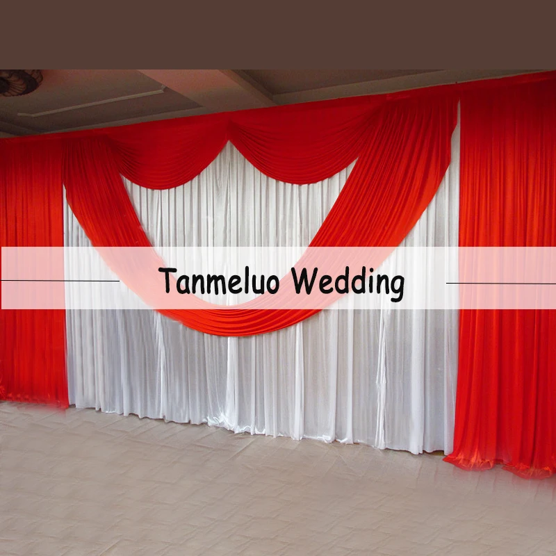 

Customized White Ice Silk Wedding Backdrop Curtain With RED Drape Valance Stage Backdrops Background For Party Event Decoration