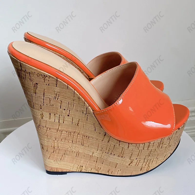 Rontic New Arrival Women Platform Mules Sandals Patent Unisex Wedges Heels Open Toe Gorgeous Fuchsia Party Shoes US Size 5-20