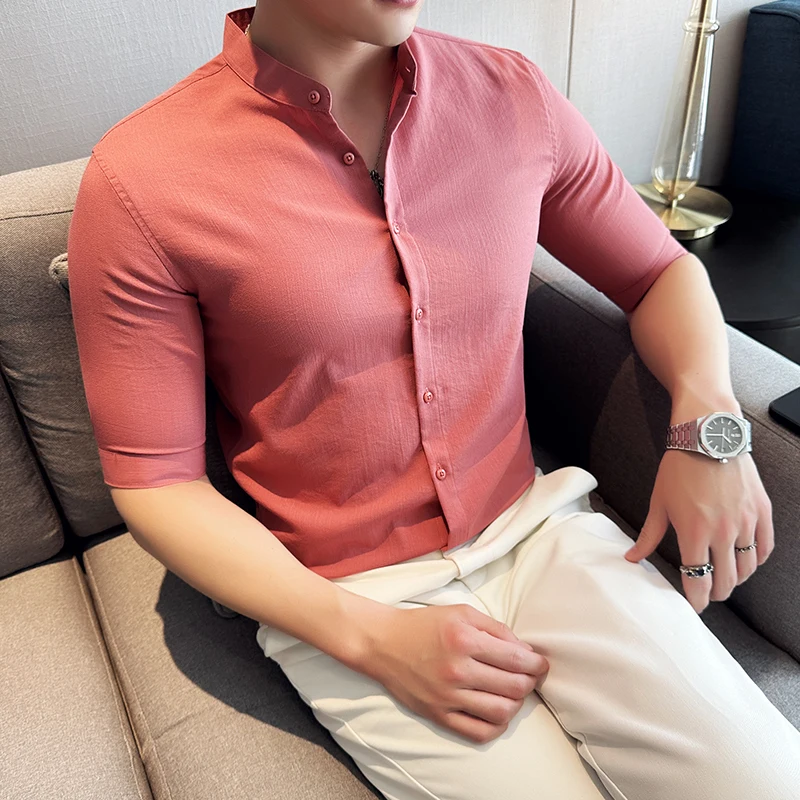 

2024 New Chinese Style Stand-up Collar Shirt Men Summer Half Sleeve Thin Linen Cotton Business Slim Fit Social Men Shirts 4XL-M