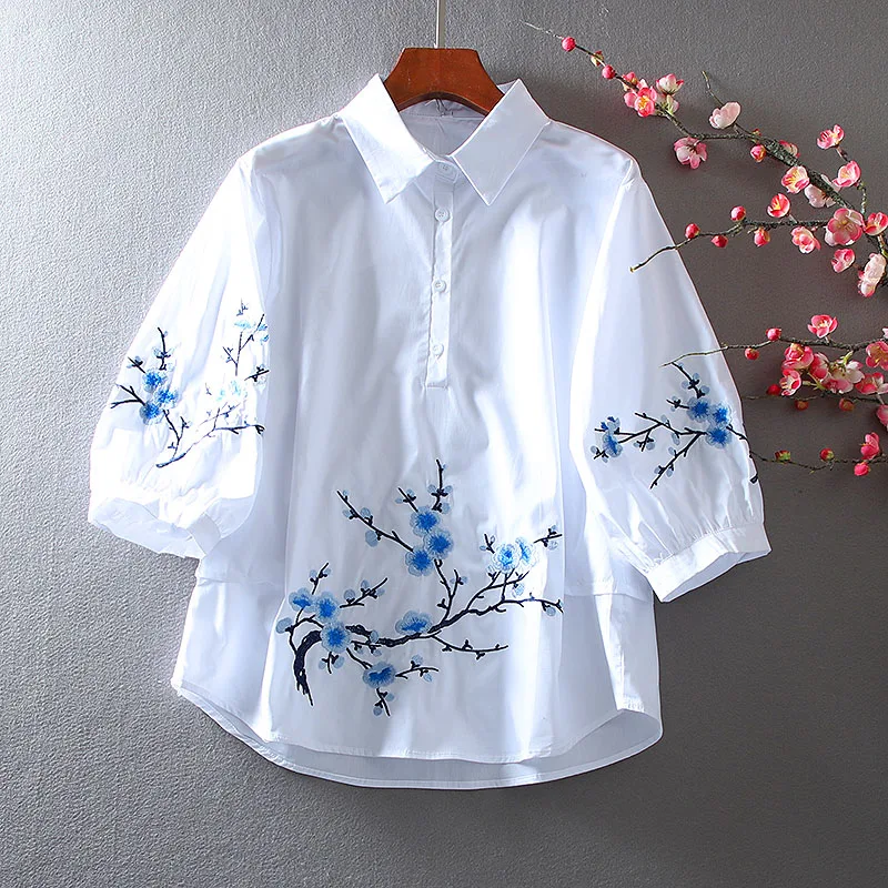 

Women's Spring Summer Flower Embroidery Shirt Female Vintage Loose Casual Plus Size Cotton Shirt Blouse TB743