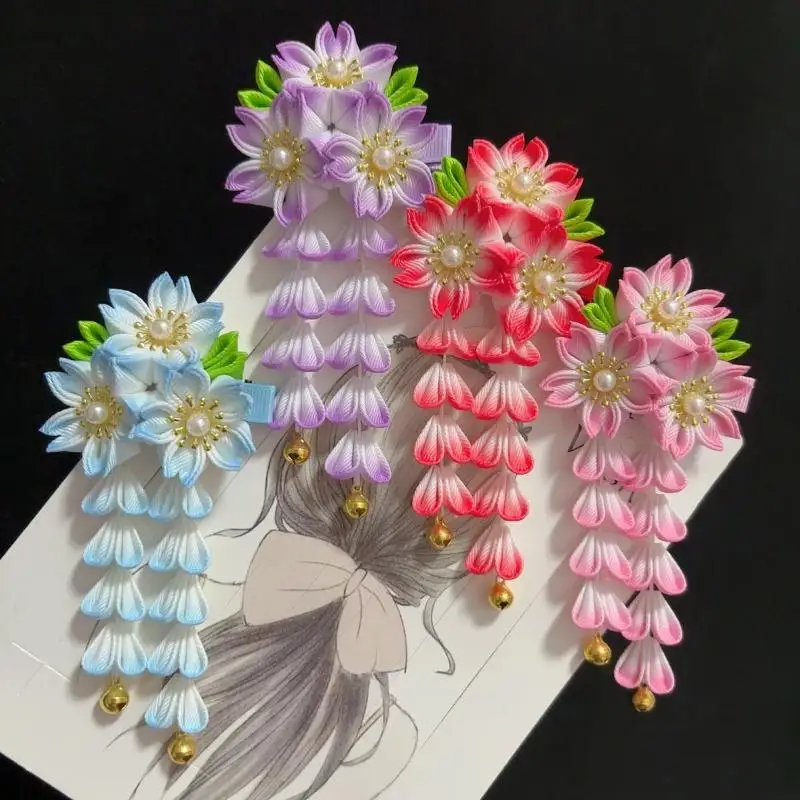 

Japanese Kimono Headwear Ancient Style Handmade Flower Hair Clip Cloth Sweet Tassel Flower Hairpin