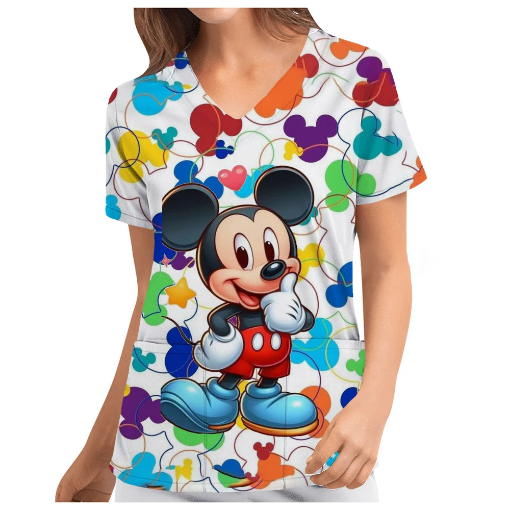 Hospital Working Uniforms Medcine Minnie Mickey Mouse Print Nursing v-neck Blouse Dental Clinic Uniform Medical Nurse Scrub Tops