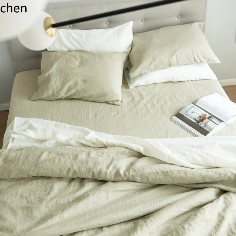 H1 foreign trade four-piece bedding set, breathable and refreshing, 100% pure linen bed sheet and fitted sheet set