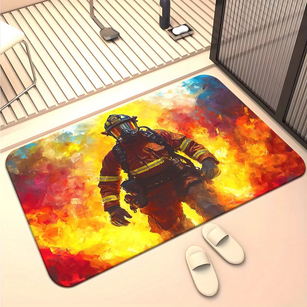 1pc 2D Flat Firefighter Hero Oil Painting Style Flannel Bath Mat Non Slip Brave Profession Rug For Bathroom Entryway Home Decor