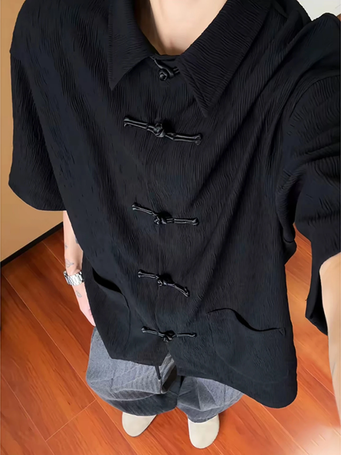 

New Chinese Style Men's Short Sleeve Shirt Black Button Ice Silk Thin Texture Summer Fashionable Casual Loose Fit Polyester