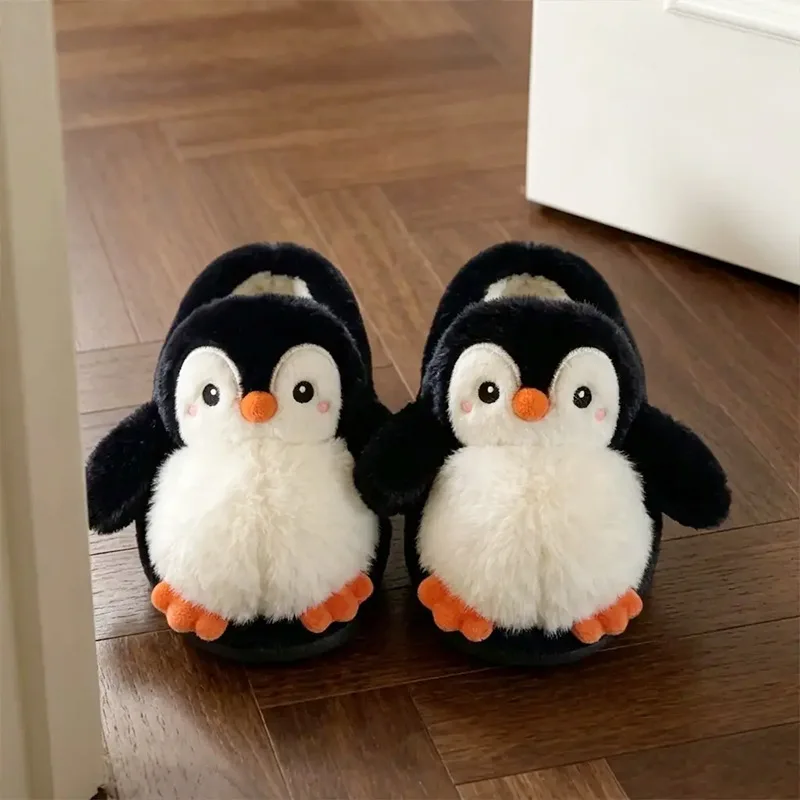 Boys' Girls' Cotton Slippers Winter Children Cartoon Penguin Plush Slippers Kids Indoor Non Slip Warm Velvet Home Slippers
