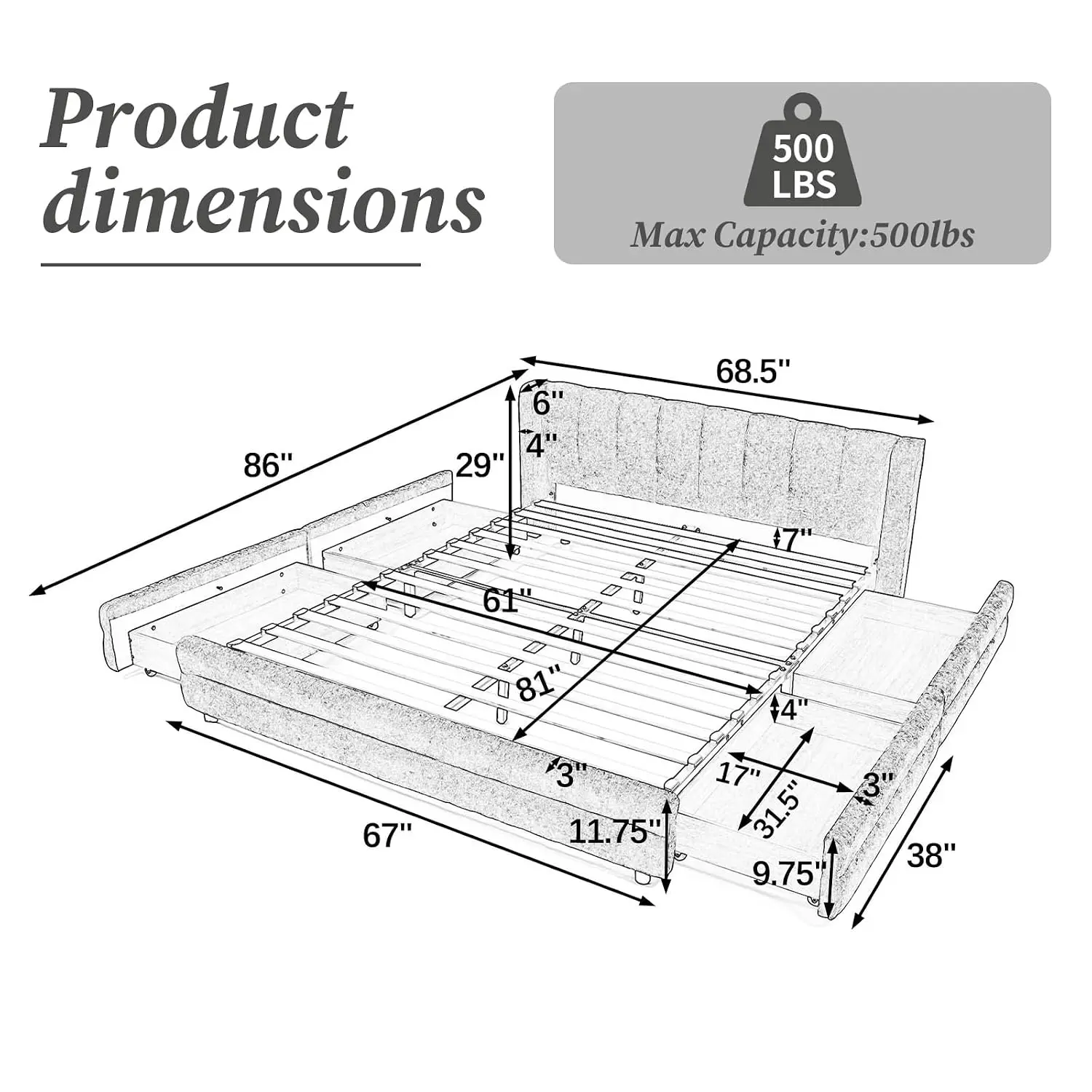 Queen Upholstered Bed With 4 Storage Drawers, Chenille Fabric, Low Profile Design, Soft Headboard, No Box Spring, Customized