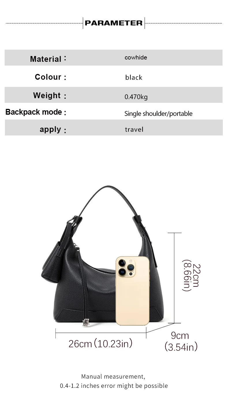 Hobo-Tasche aus genarbtem Rindsleder für Damen mit zwei Trageriemen, weichem Rindsleder und Einzel-Schulterriemen für den täglichen Freizeitgebrauch. – Detail 6