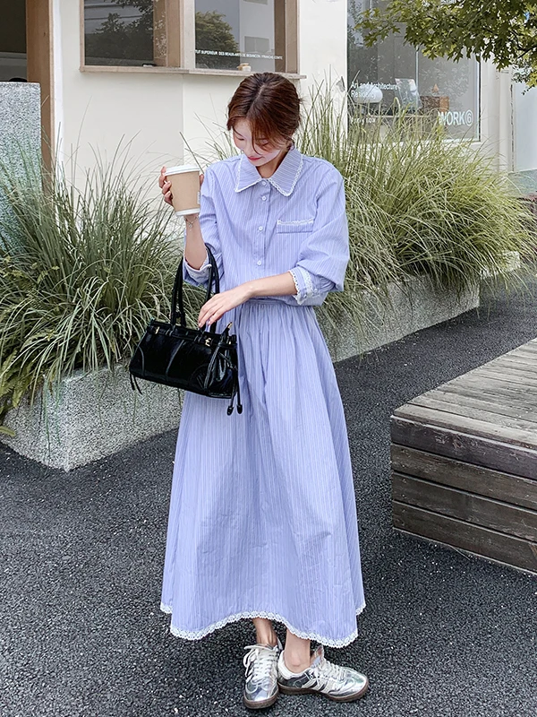 

Blue Slimming Lace Trimmed Stripe Patterned Shirt And Skirt Set Women's Fashion Spring Autumn Two-Piece Suit Casual Style