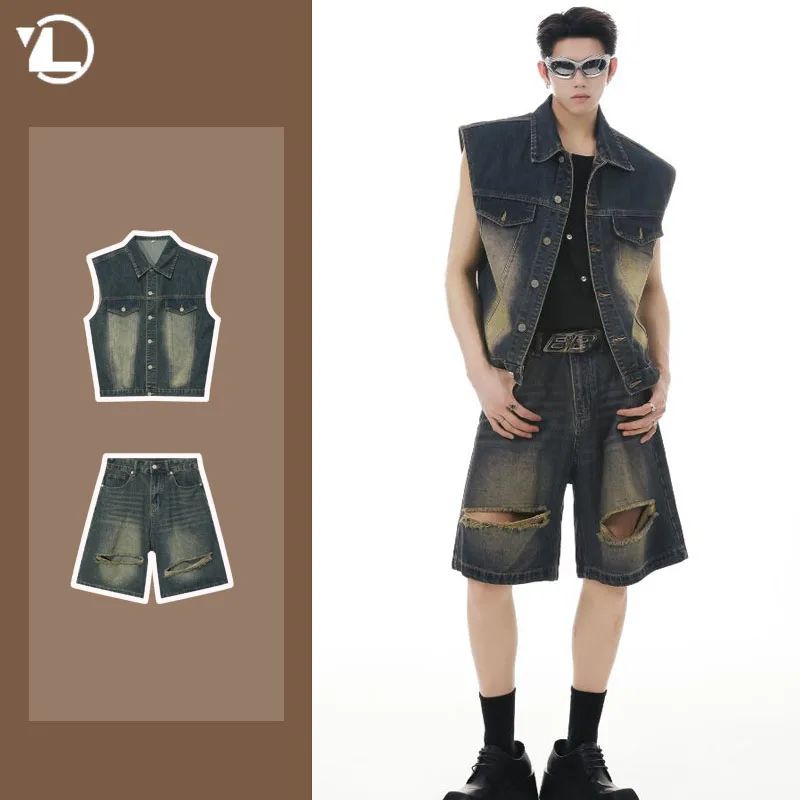 New Hiphop Mens Cowboy Vest Set Casual Sleeveless Denim Jacket+hole Trend Shorts Suits 2024 Summer Korean Street Two-piece