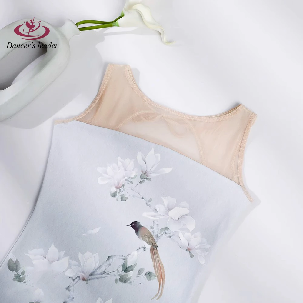 Justaucorps de ballet pour femme, vêtements d'entraînement, fleur de magnolia et oiseau, robe de performance, costume de yoga aérien