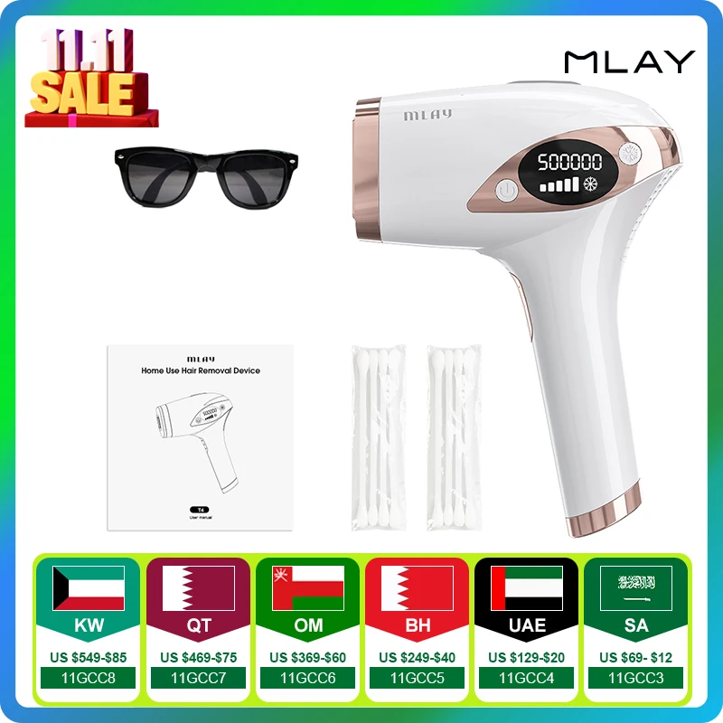 ماكينة إزالة الشعر بالليزر MLAY T4 IPL للاستخدام المنزلي، ماكينة إزالة شعر الوجه والجسم للنساء والرجال 500000   ومضات