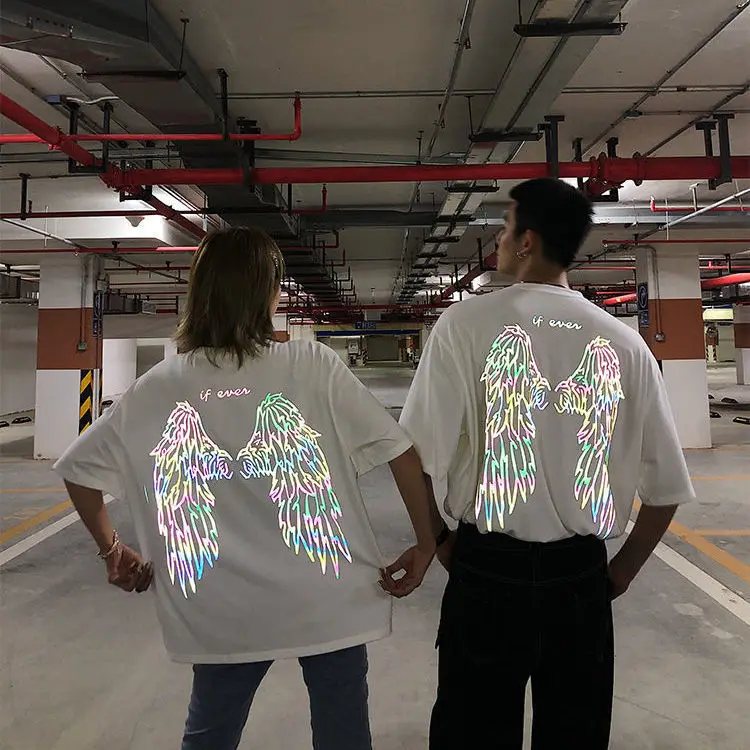 Reflective wings print men\'s T-shirt 2021 summer new ins loose student Korean version personality round neck short sleeves