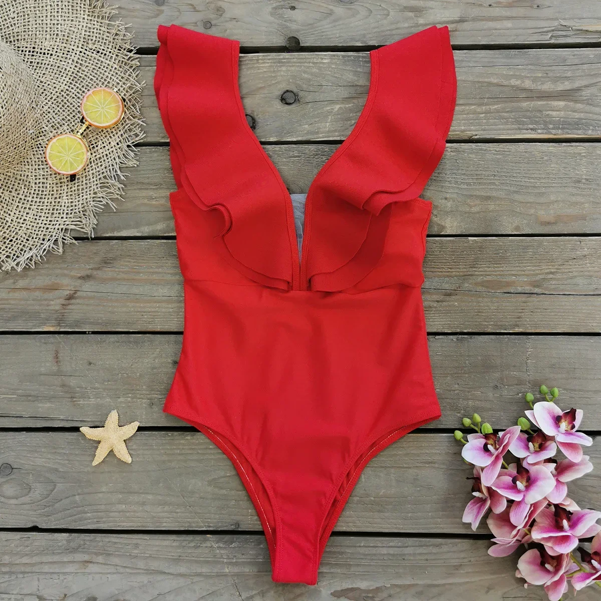 

Sexy Ruffle V Neck One Piece Swimsuit 2024 Women Vintage Black Red Pink Tummy Control Swimwear Beach Bathing Suit Slim Monokini