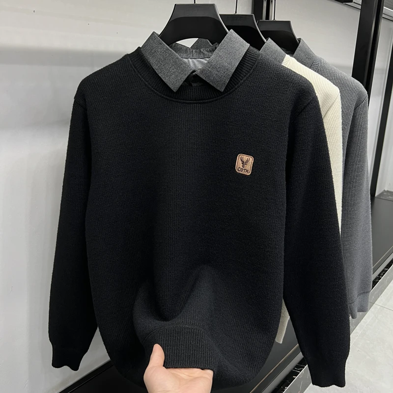 الرجال مصمم الأصلي الصوف مبطن متماسكة سترة وهمية قطعتين قميص طوق البلوز الدافئة عادية الخريف الشتاء كم طويل