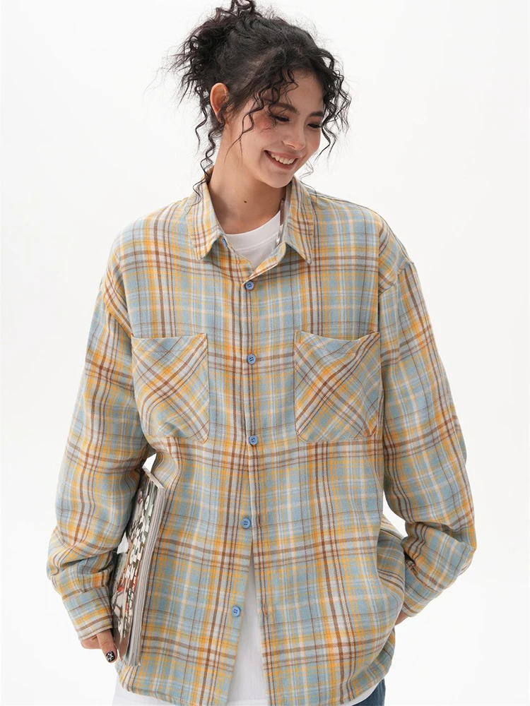 

Zoki American Retro Plaid Shirt Women Loose Oversize Streetwear Long Sleeve Blouse Fall Harajuku Vintage Bf Soft Hip Hop Tops