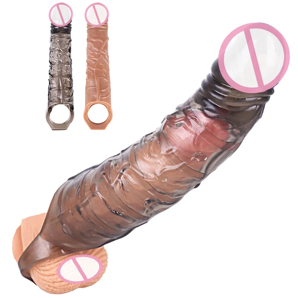 Extensor de agrandamiento de manga de pene suave, extensión de anillo para pene realista, masturbador, condones reutilizables, Juguetes sexuales para adultos para hombres