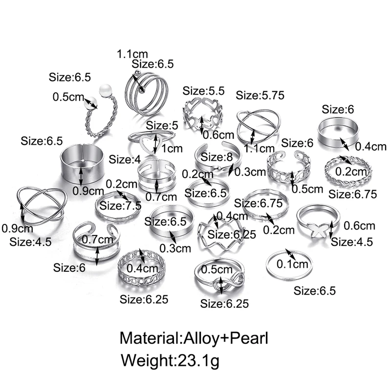 Vintage Hollow Heart Butterfly Rings Set For Women Metal Silver Color Geometric Spiral Shape Ring 22pcs Set 2024 Trendy Jewelry