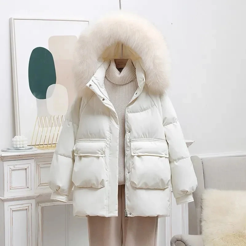 White Down Cotton-Padded Jackets Womens New Winter Korean Loose Mid-Length Parkas Genuine Sequined Fur Collar Students Coats