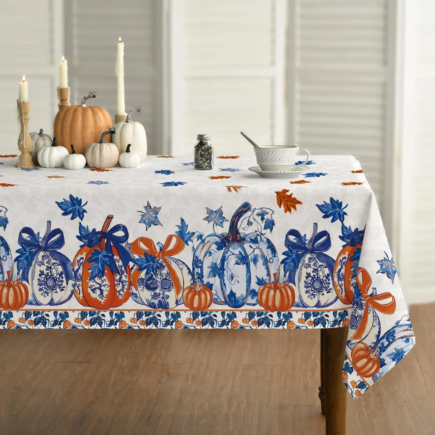 Fall Blue Orange Porcelain Pumpkin Rectangle Tablecloth for Table Decor Washable Kitchen Dining Tablecloth Autumn Decorations