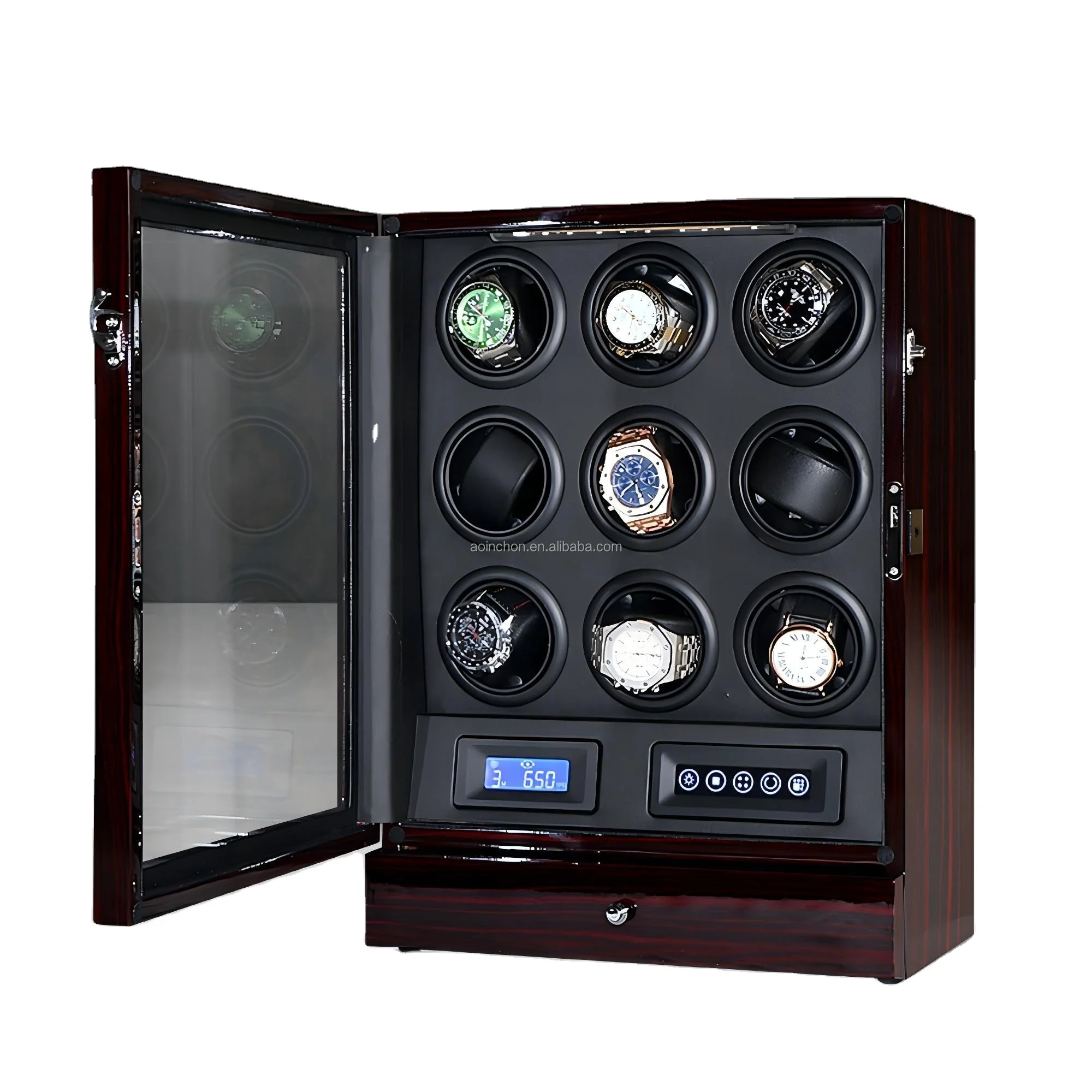 Anti-Magnetization 650-1950 TPD Mode Wood Rectangle Watch Winder Remote Control Rotation Protective Storage Drawer LCD Watch Box