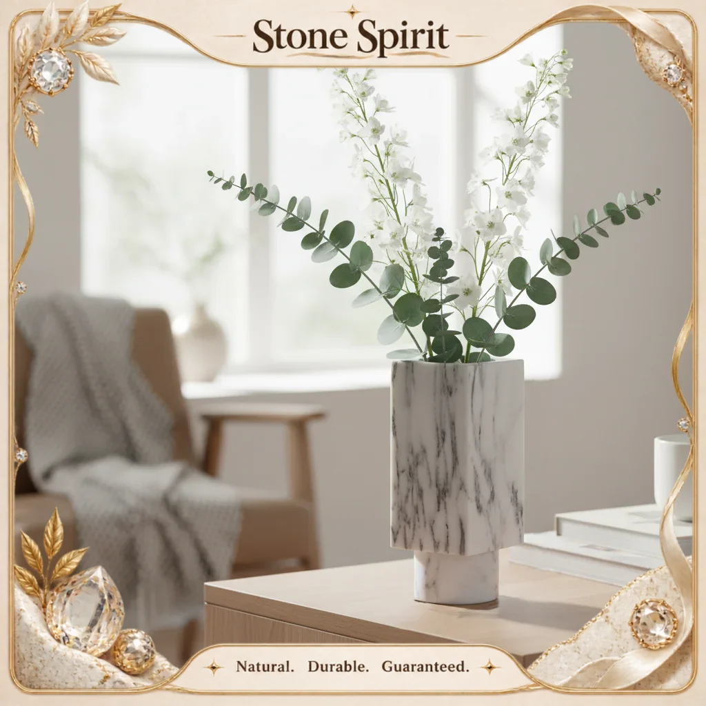 Geometric Marble Stone Vase for Flowers Pampas Grass Decorative Vase for Living Room Bedroom Kitchen Dining Table Mantle