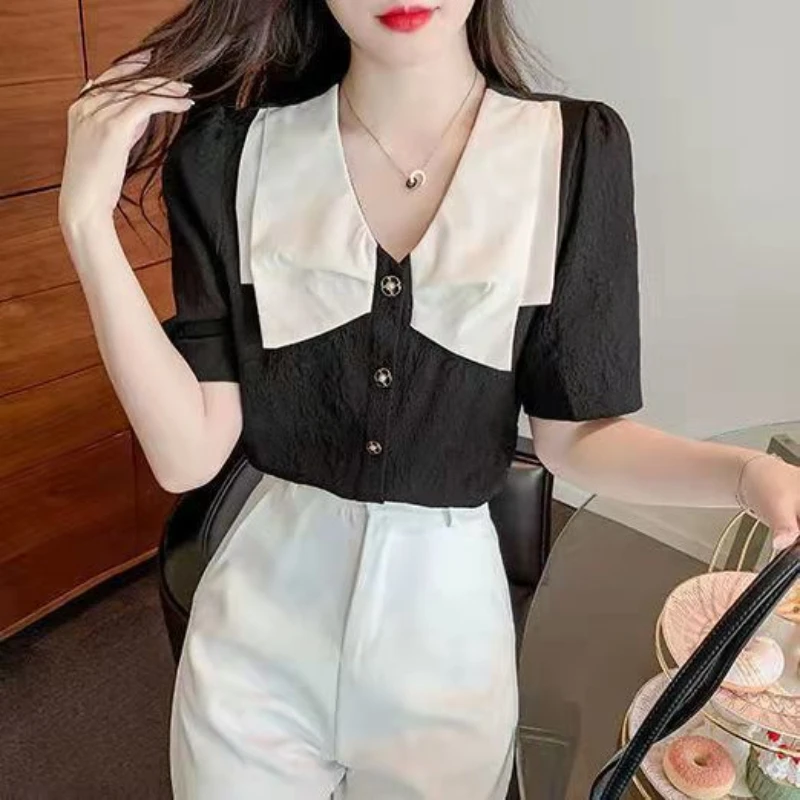 Estate coreano dolce manica a sbuffo pulsante Chic bordare camicetta Casual All-match top elegante abbigliamento femminile piccole camicie di