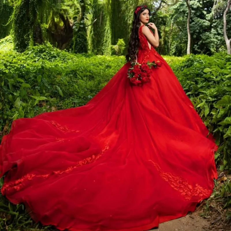Simple Red Quinceanera Dresses off-shoulder Glitter Decal Layering Long tail Vestido De 15 Quinceanera Customize