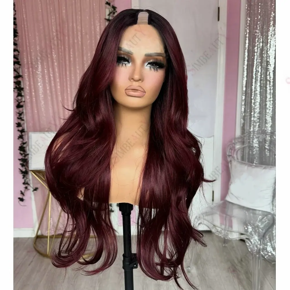 Dark Roots Ombre Burgunderrot U-Part-Perücke aus Echthaar, verstellbar, natürliche Welle, 1*4 Größe, V-Part-Perücke aus Echthaar, einfach zu tragen für Frauen – Detail 2