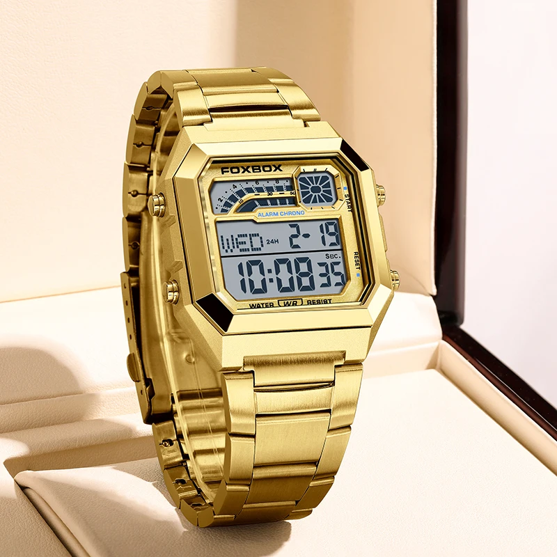 FOXBOX Digital Man Watch Business Casual Waterproof Luminous 24H Watches for Men Fashion Alarm Electronic Movement Stopwatch+Box