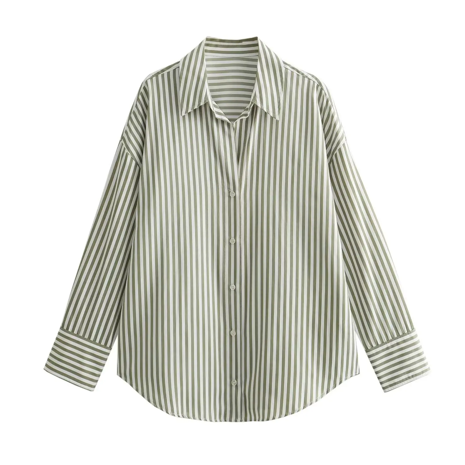 Tangada 2024 Women Oversized Green Striped Cotton Shirt Long Sleeve Chic Female Shirt Tops 6X0125