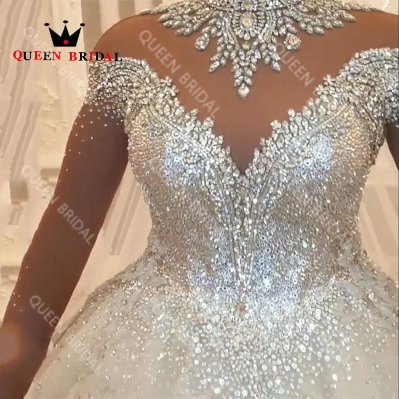 Luxury Crystal Diomand Sequined Wedding Dress 2023 Long Sleeve High Neck Elegant Bridal Ball Gown Vestidos De Novia Custom Z37Y