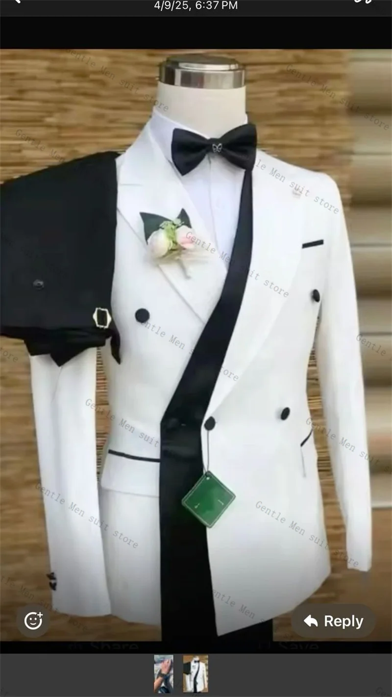 

White Men Suit Set 2 Pcs Blazer+Pants Trousers Black Lapel Wedding Tuxedo Formal Office Jacket Prom Coat Cotton Customized