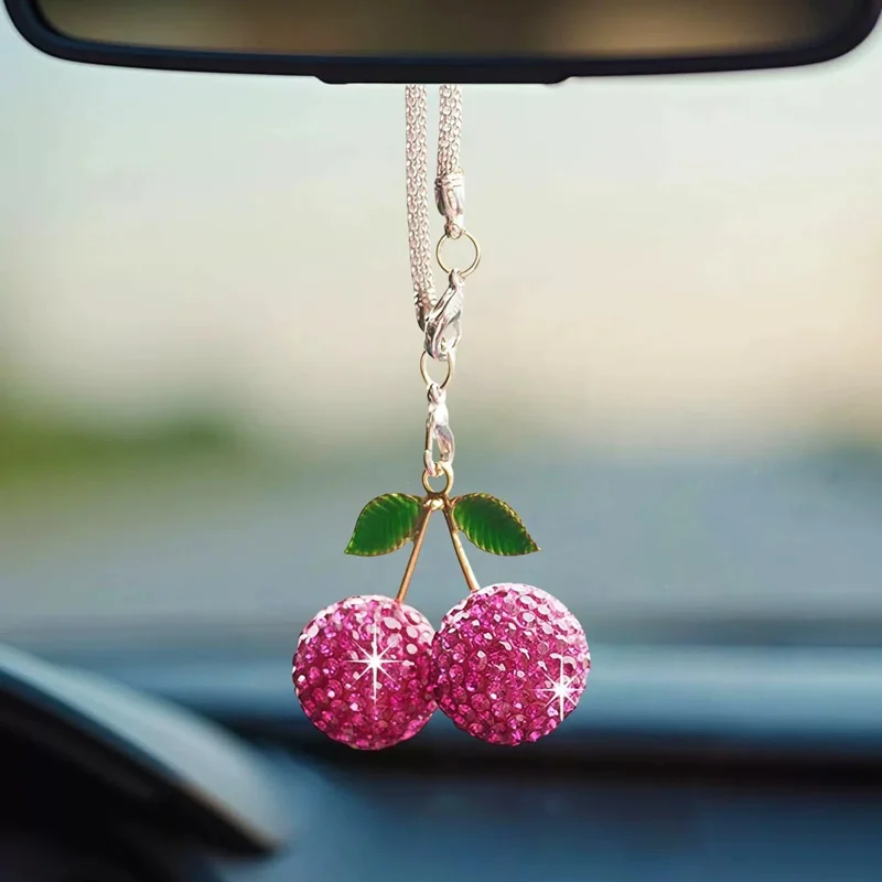 Car Mirror Decoration Cherry Crystal Rhinestone Women Cute Hanging Interior Accessories Ornament Auto Shiny Pendant