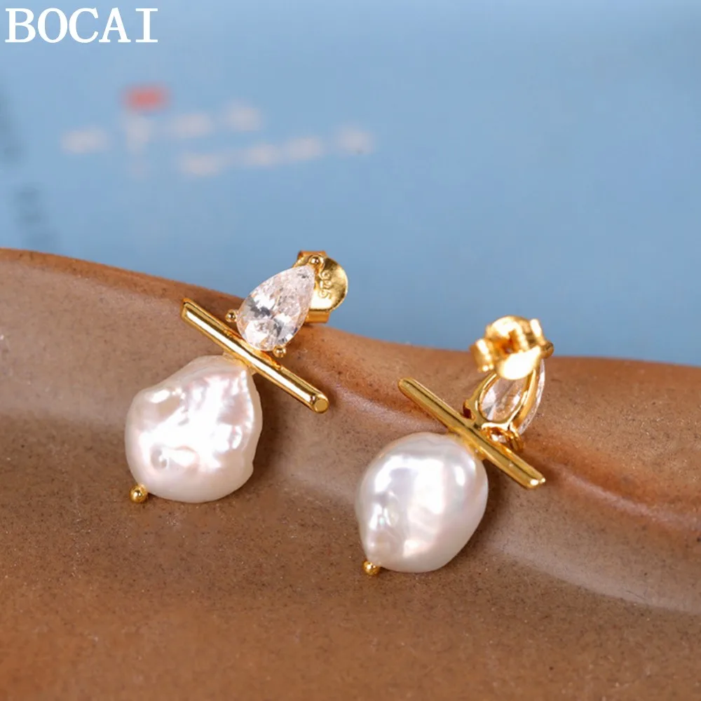 

Серьги BOCAI S925 из стерлингового серебра, модные и роскошные, с позолотой, инкрустированные кристаллами и жемчугом, подарок для женщин